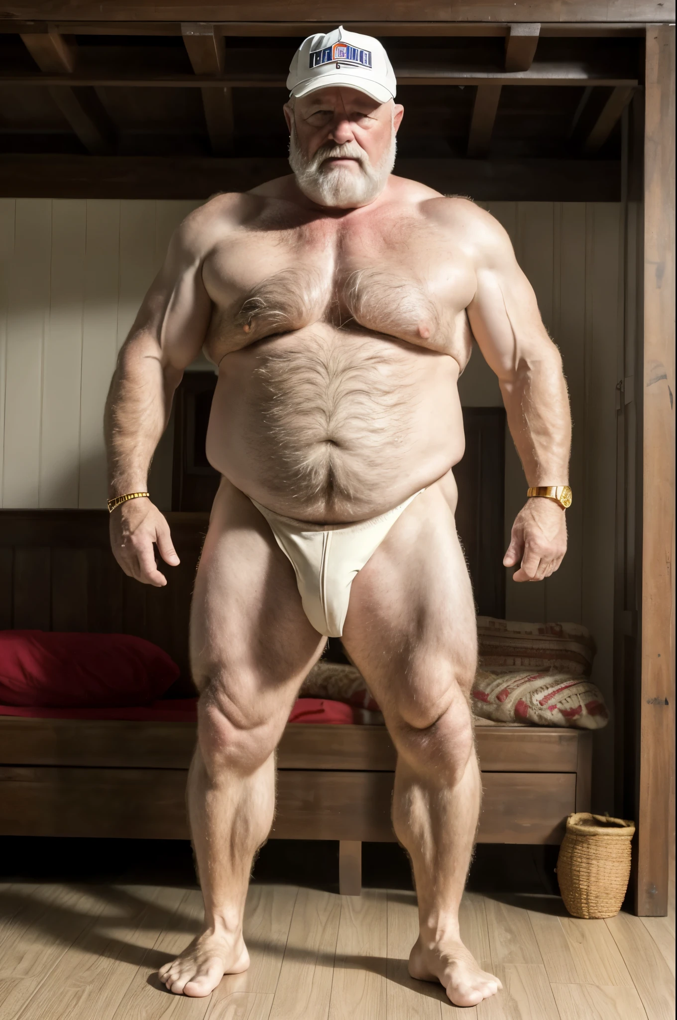 mature old man, grandpa, dad, daddy, virile, tough, fat, stocky, massive feet, (hairy:1.2), hairy body, white bodyhair, pale skin, bulging, dickprint, ginger, balding, maga cap, micro thong, gold jewelry, barefoot, standing, movie photography, intricate details