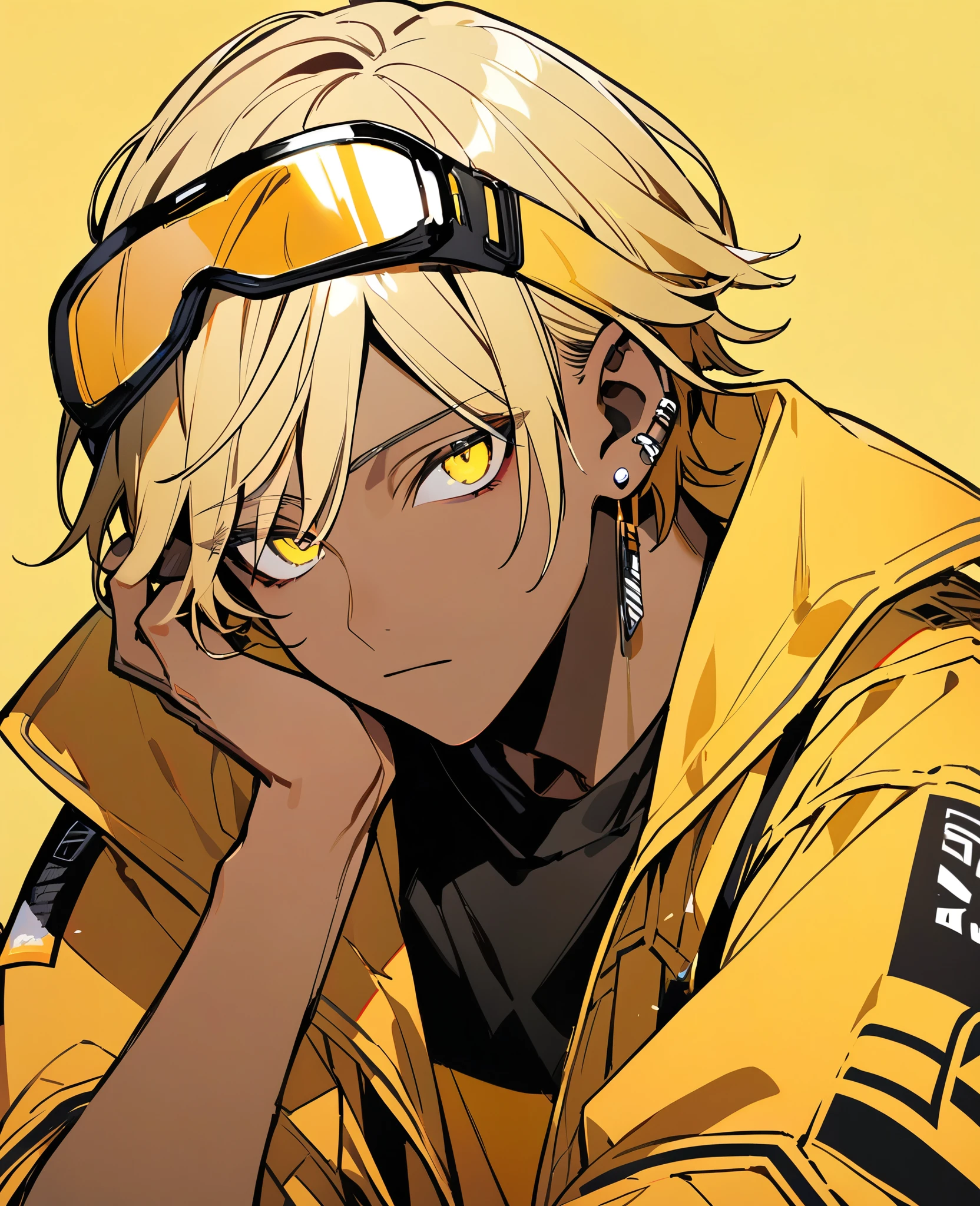good looking, alone, 1 male,  Simple Background, (((Blonde short hair))), Glowing yellow eyes，Put goggles on your head，Dark Skin，4 earrings，Expressionless，Yellow workwear，put your hand on your face