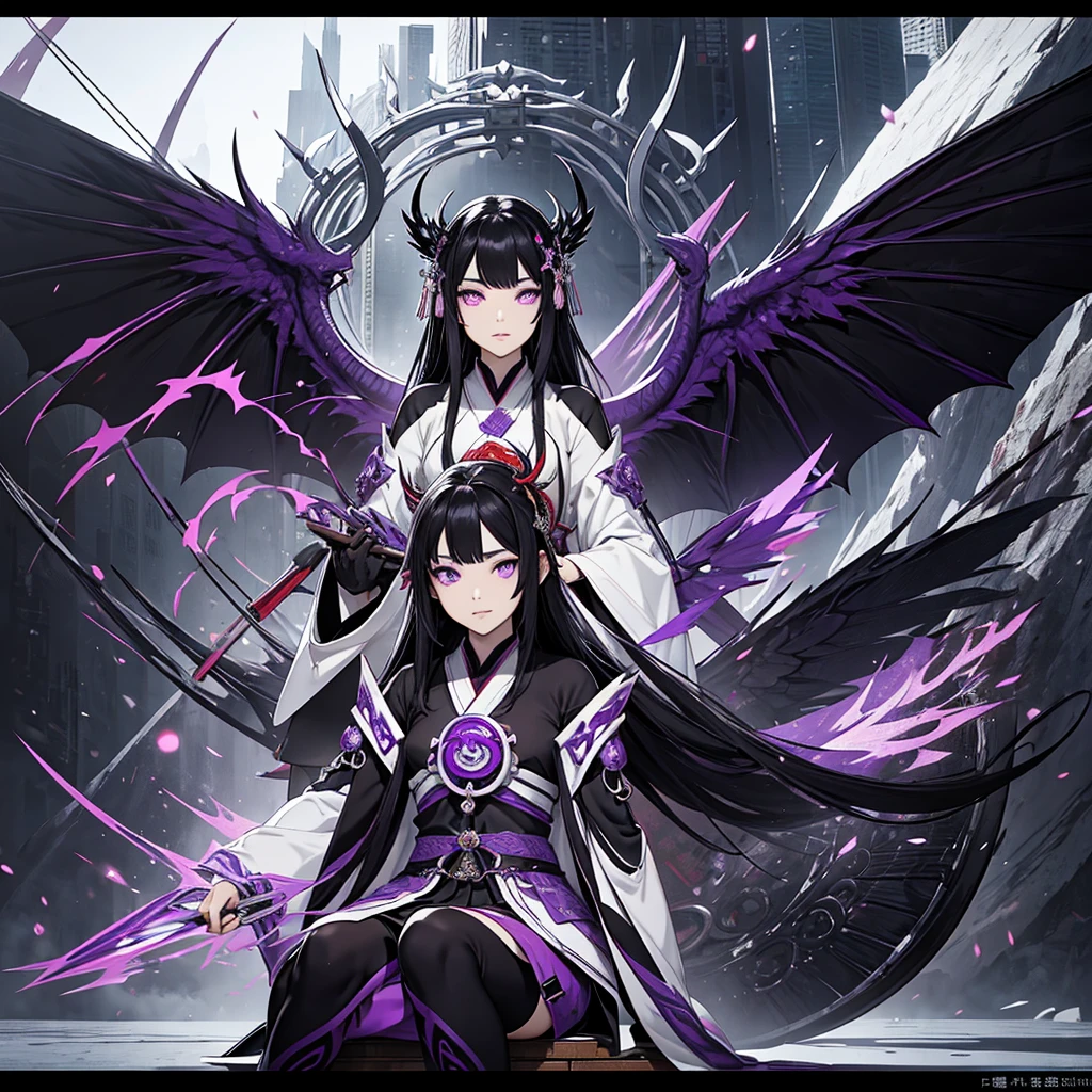 Mother of the Miko of the Dragon Clan., black hair, purple eyes, It has black and purple dragon wings., I'm sitting.