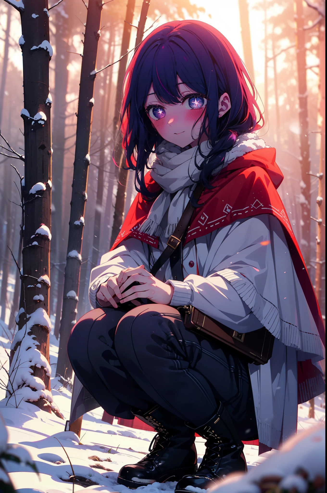 aihoshino, Ai Hoshino, Long Hair, bangs, (Purple eyes:1.1), Purple Hair, (Symbol-shaped pupil:1.5), smile,,smile,blush,white breath,
Open your mouth,snow,Ground bonfire, Outdoor, boots, snowing, From the side, wood, suitcase, Cape, Blurred, , forest, White handbag, nature, Squat, Mouth closed, Cape, winter, Written boundary depth, Black shoes, red Cape break looking at viewer, Upper Body, whole body, break Outdoor, forest, nature, break (masterpiece:1.2), Highest quality, High resolution, unity 8k wallpaper, (shape:0.8), (Beautiful and beautiful eyes:1.6), Highly detailed face, Perfect lighting, Extremely detailed CG, (Perfect hands, Perfect Anatomy),
