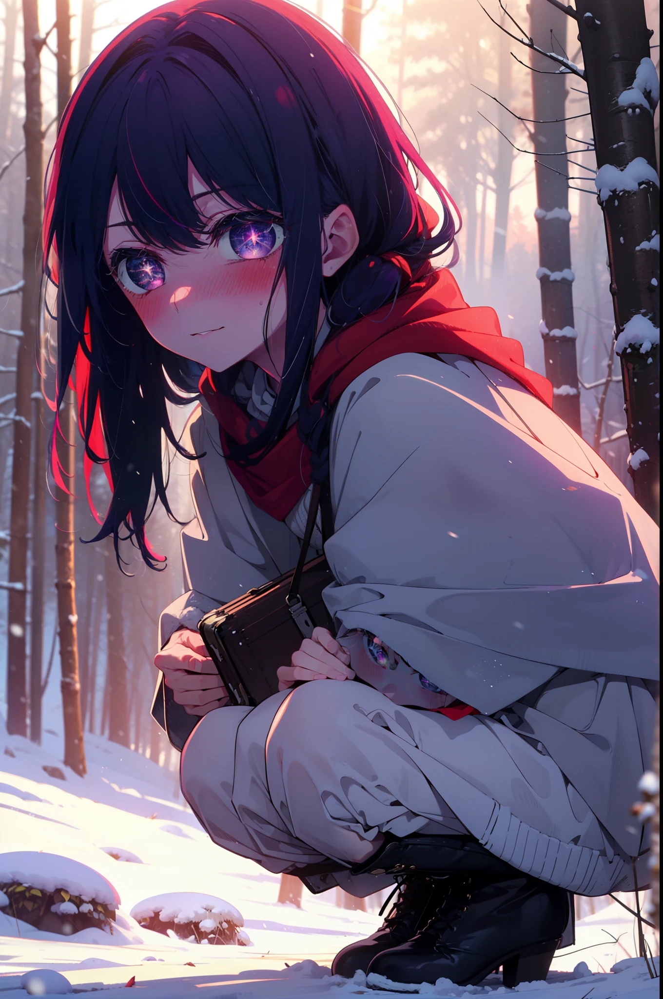 aihoshino, Ai Hoshino, Long Hair, bangs, (Purple eyes:1.1), Purple Hair, (Symbol-shaped pupil:1.5), smile,,smile,blush,white breath,
Open your mouth,snow,Ground bonfire, Outdoor, boots, snowing, From the side, wood, suitcase, Cape, Blurred, , forest, White handbag, nature,  Squat, Mouth closed, Cape, winter, Written boundary depth, Black shoes, red Cape break looking at viewer, Upper Body, whole body, break Outdoor, forest, nature, break (masterpiece:1.2), Highest quality, High resolution, unity 8k wallpaper, (shape:0.8), (Beautiful and beautiful eyes:1.6), Highly detailed face, Perfect lighting, Extremely detailed CG, (Perfect hands, Perfect Anatomy),