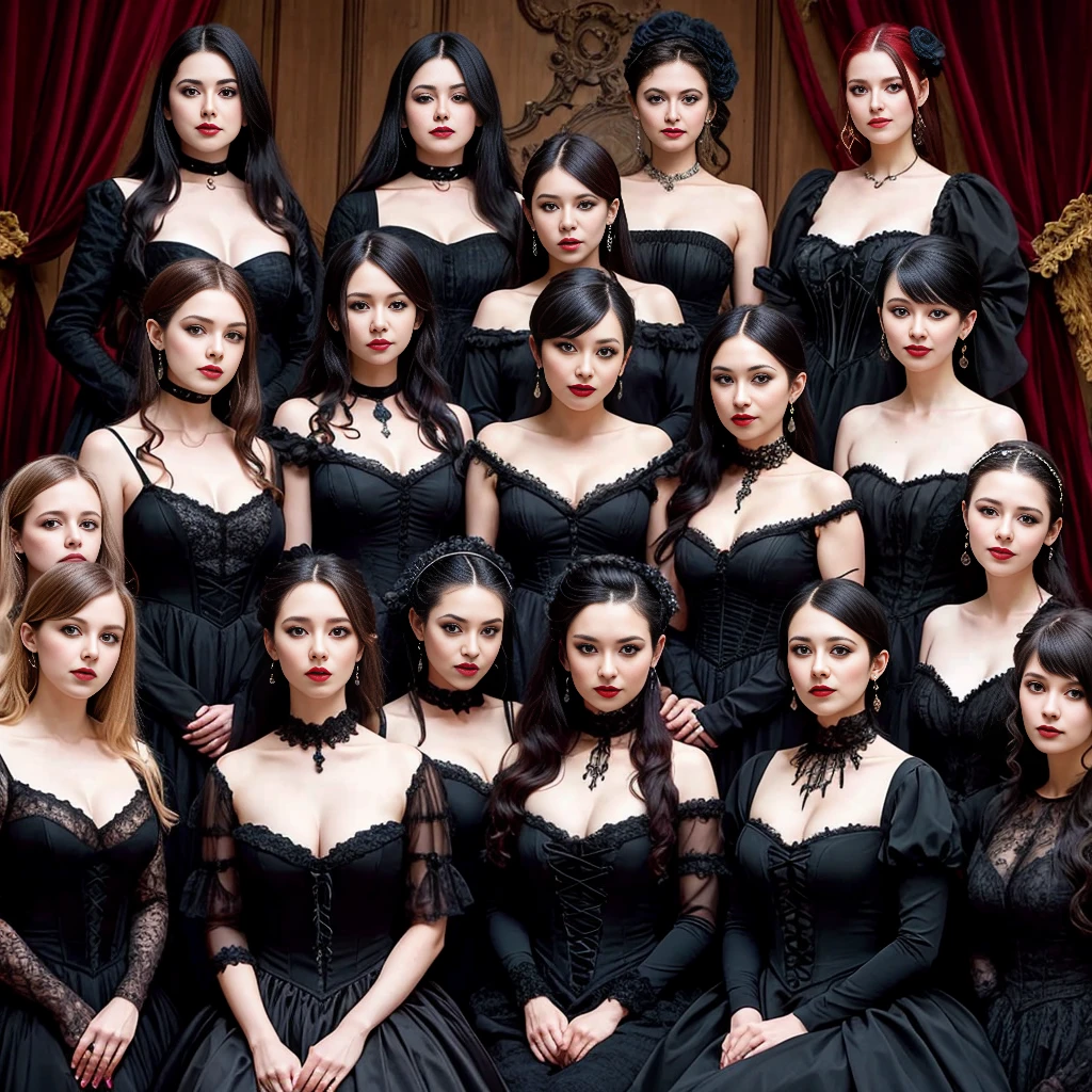 beautiful group of 19 person woman wearing gothic costume focus on face, in the opera stage