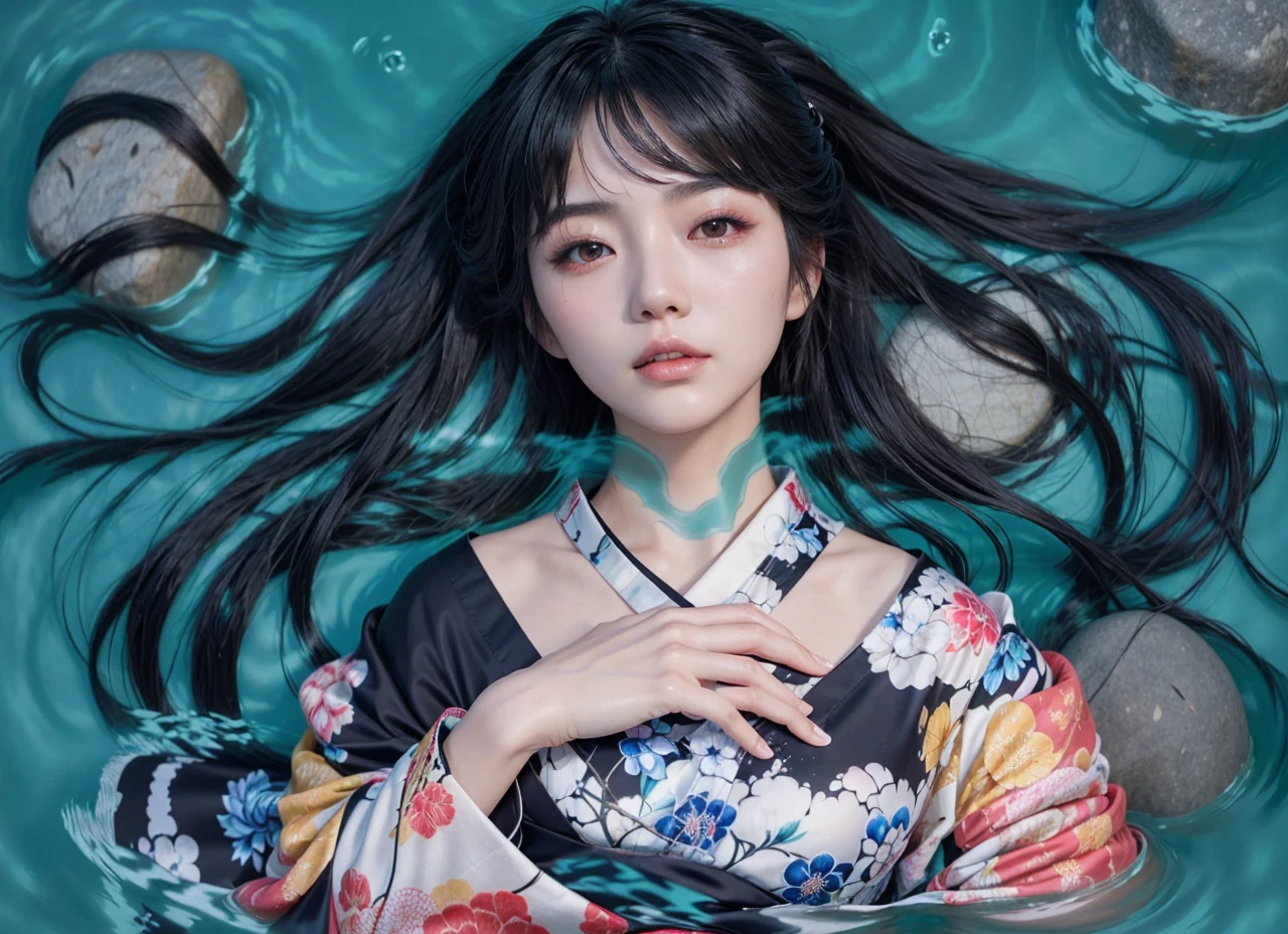 ((Japanese woman)) ((adult woman)) ((long hair)) ((black hair)) ((kimono)) ((dark blue kimono)) ((in water)) ((laying in the water)) ((water)) ((rocks)) 