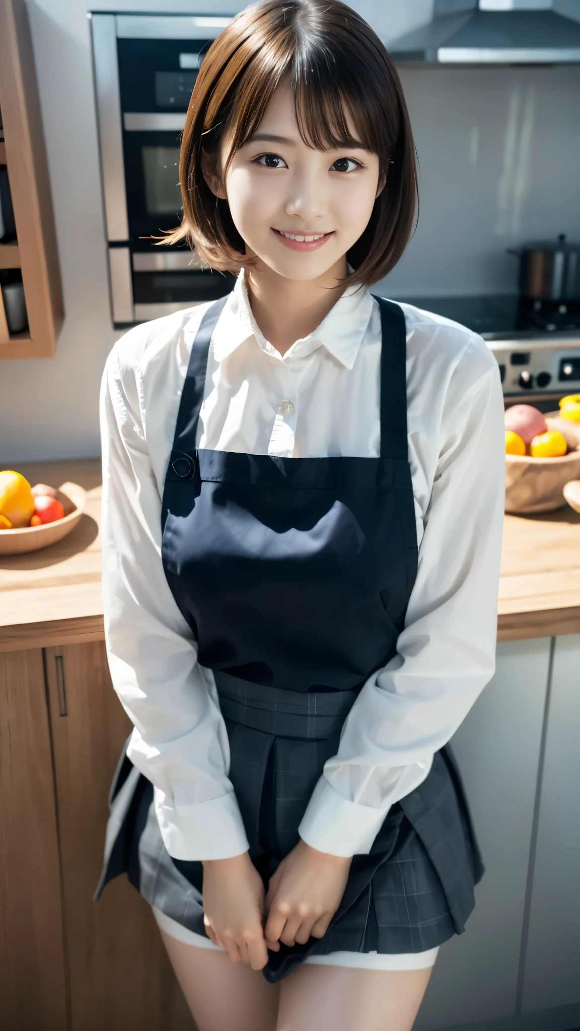 ((kitchen)), Lewd smile、(Realistic、Realistic:1.37)、(masterpiece)、(Highest quality:1.4)、(Ultra-high resolution:1.2)、(RAW Photos:1.2)、(Sharp focus:1.3)、(stand:1.2)、elegant、(Whole Body Ezbian:1.2)、((apron)), (Girl in shirt and skirt:1.3)、bangs、((Homely)), Very cute Japanese girl (A faint smile:1.3)、(Makes hair shine:1.3)、Short pleated skirt、Shooting from below、Beautiful and delicate eyes、 View your viewers、Photographed from an upward angle