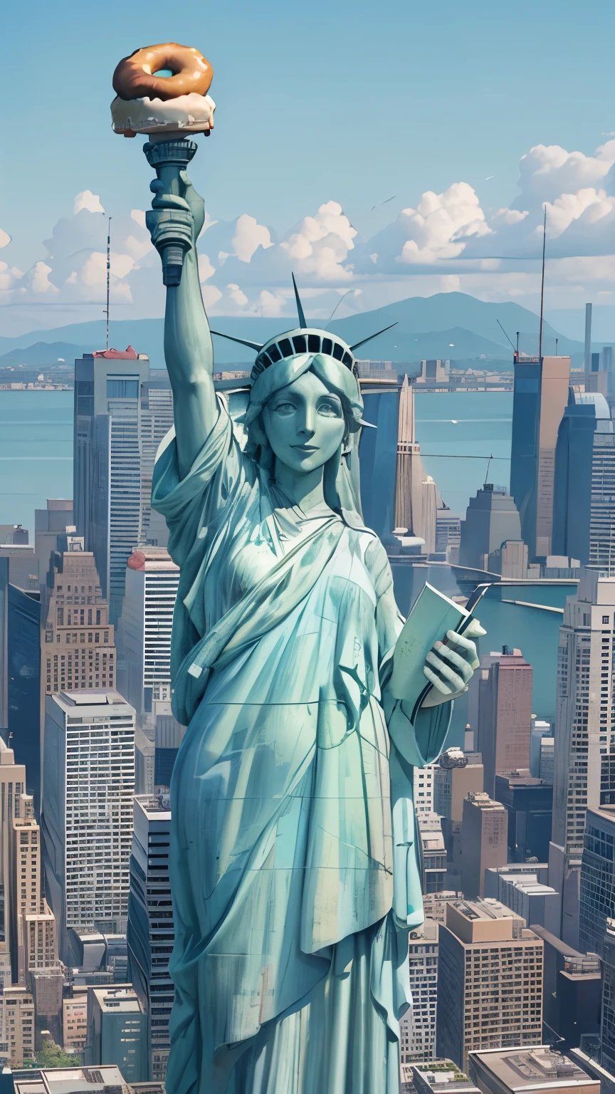 Highest quality, 16K, Unbelievably absurd, Very detailed, 2.5D, delicate and dynamic, , formal, blue sky, New York, Hudson River, , , , , , , , , Small face, Very delicate look, Delicate eye depiction, Close-up, erotic, statue of liberty, ,, , woman,, height: 46 meters,, , ,, , smile, (Eating big Donuts:1.6)