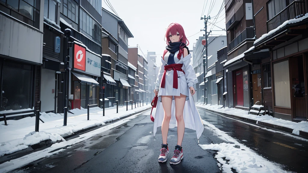 Anime girl aged 25+, cold weather, snowing, Japanese style, your beautiful face. Sparkling blue eyes Beautiful long dark pink hair Wearing sneakers and a large-breasted sleeveless shirt while standing in the middle of the city, a busy street, wearing a scarf, pretty fingers, pink lips, a sky full of stars at night.
High resolution 4k, sharp images, Full HD level, 8K, sharp details, beautiful images.