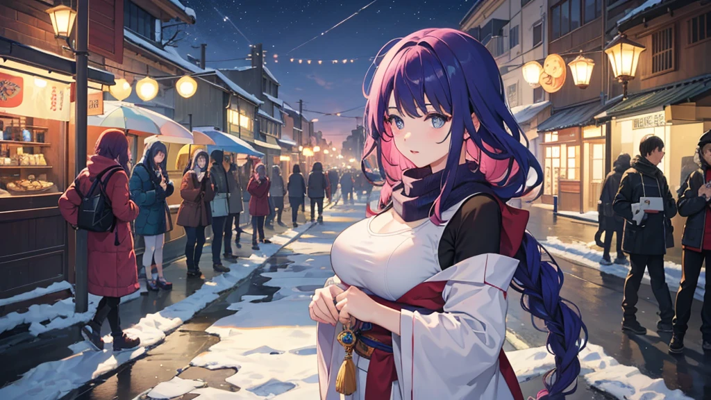Anime girl aged 25+, cold weather, snowing, Japanese style, your beautiful face. Sparkling blue eyes Beautiful long dark pink hair Wearing sneakers and a large-breasted sleeveless shirt while standing in the middle of the city, a busy street, wearing a scarf, pretty fingers, pink lips, a sky full of stars at night.
High resolution 4k, sharp images, Full HD level, 8K, sharp details, beautiful images.