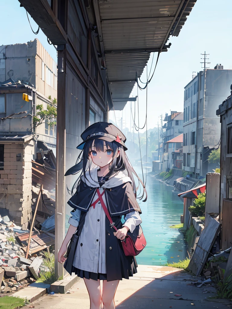 Traveling Girl、Cape、young girl, hat, Ruck sack,Many supply factories and depots、Peaceful summer scene、Traces of an ancient civilisation、People who live there々Appearance、
supply、Runaway drone、Collapsed rubble、A lot of people々、Anime image quality, 