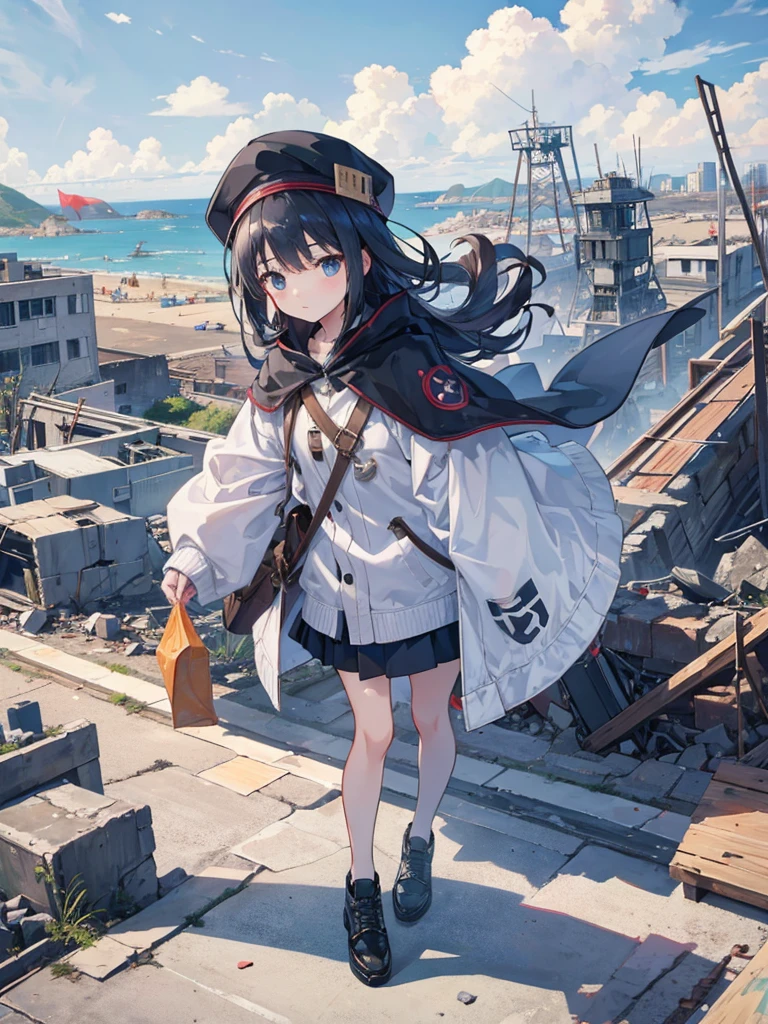 Traveling Girl、Cape、young girl, hat, Ruck sack,Many supply factories and depots、Peaceful summer scene、Traces of an ancient civilisation、People who live there々Appearance、
supply、Runaway drone、Collapsed rubble、A lot of people々、Anime image quality,