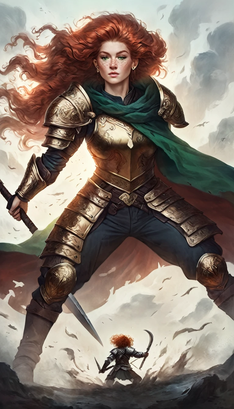 full body art of a single Human Caucasian Woman with long ginger hair, freckles, long eyelashes, vivid green eyes wearing a medieval gold plate armor with a green ragged cape, posing half kneeling and wielding a shield in front and warhammer at back, strong wind, asymmetrical hair, braided ponytail, strong musculature, strong arms, curly hair, hair between eyes, wavy hair, big hair, expressive hair, shiny hair, makeup, light smile, closed mouth, bright pupils, smiley, crescent earrings, 8k, super detail, best quality, accurate, highres, best quality, lateral side pov