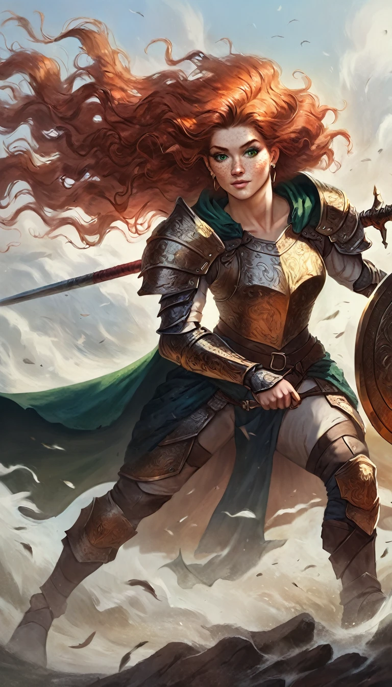 full body art of a single Human Caucasian Woman with long ginger hair, freckles, long eyelashes, vivid green eyes wearing a medieval gold plate armor with a green ragged cape, posing half kneeling and wielding a shield in front and warhammer at back, strong wind, asymmetrical hair, braided ponytail, strong musculature, strong arms, curly hair, hair between eyes, wavy hair, big hair, expressive hair, shiny hair, makeup, light smile, closed mouth, bright pupils, smiley, crescent earrings, 8k, super detail, best quality, accurate, highres, best quality, lateral side pov