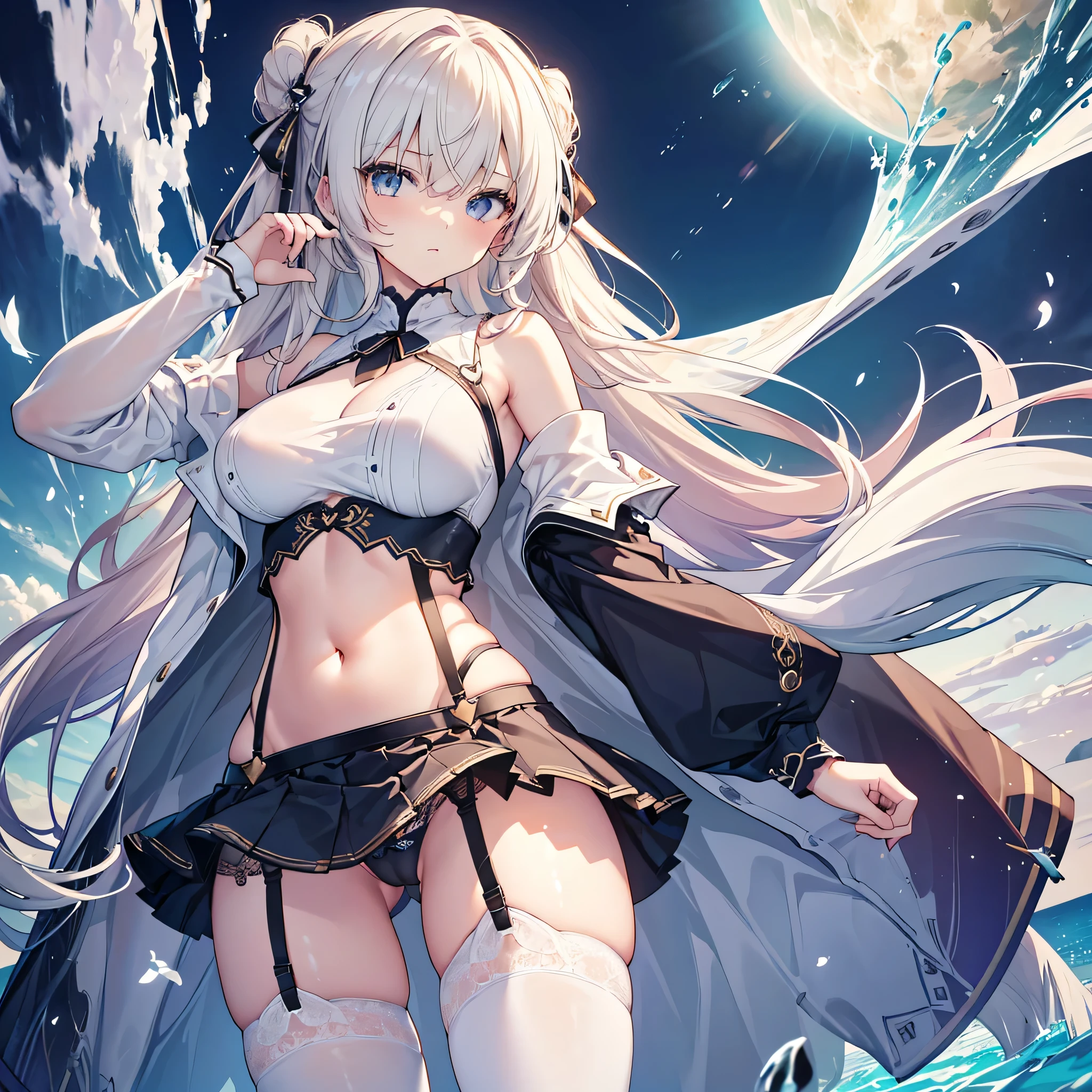 4K,High resolution, (Highly detailed CG,8k,wallpaper)、One Teenage Woman,(((Huge breasts))),(((Bleaching、Slender,tall,Big Breasts,torso is long、garter belt,Small butt、Ultra Mini Skirt,Belly button))、Clean detailed eyes),(Huge breasts),(Huge breasts),(Huge breasts),(Huge breasts),,(Super Breasts),(Very large breasts),(Beautiful and shapely breasts),Light-colored hair、Cute hairstyle