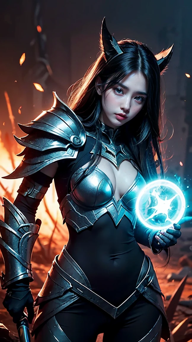 Create an image of Kalista from League of Legends in her Marauder skin, with dark, battle-worn armor and menacing red accents. Show her using her Rend ability, with spectral spears lodged in her enemies and glowing with malevolent energy as she prepares to rip them out