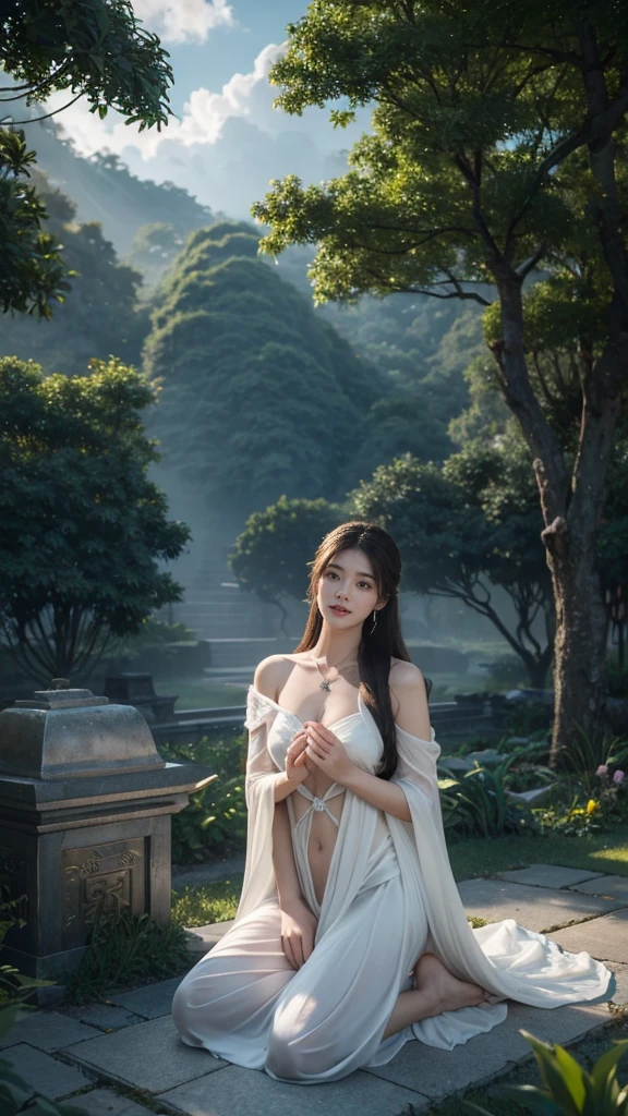 Light lines form shapes,fox . octane and unreal engine 5 rendering, bokeh dark forest grave background,4K resolution,Ancient Chinese Women,female god,The gods, 25 years old, Handsome and sexy,white silk gauze,Golden Angel Dress,Exquisite clothing styles,Beautiful real jade pendant,Barefoot,bare shoulders,Reveal your navel,Date and time,Under your feet there are clouds and mist., fly in the sky,fly in the sky,float,calm and indifferent, detailed body, detailed face, The body is greasy.,smile a little, A beautiful one, Exaggerated, Handsome and charming, Looks brave., long hair fluttering,ผมfloat,It has a long bang.,Incredible amount of hair,Hair flowing,Ambient light,Detailed sky background,Surrounded by clouds,Volumetric illumination,Cell shading,64k