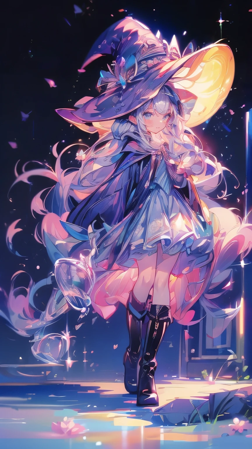 ((magic使いの女の子:1.5)), Full body photography,Perfect face, Pretty Face, The face is rich in detail,(Long hair:1.3),(Witch Hat:1.3),boots,The witch's broom,magicの杖,book of magic,Night Sky,たくさんのStar,shine,Smile,Light,magic,月Light,Starの粒,Star々,月Light,流れStar、闪闪发Light的