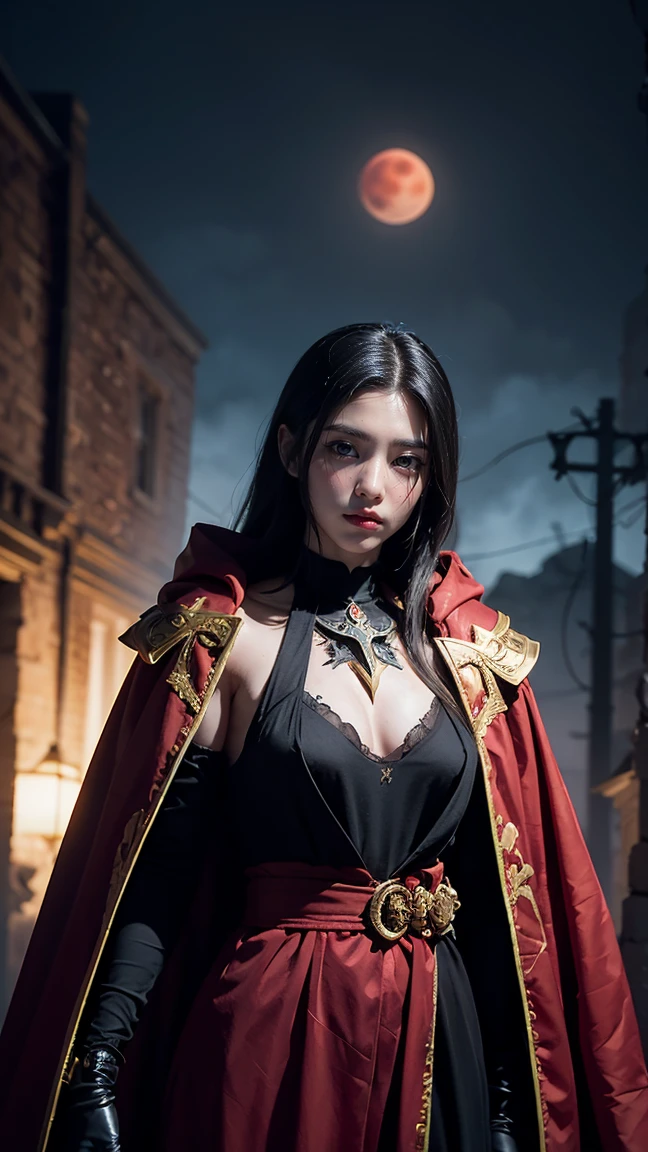 Illustrate Kalista from League of Legends in her Blood Moon skin, adorned in eerie, ceremonial red and white robes with demonic mask accents. Capture the moment she uses her Sentinel ability, sending out a haunting wraith to scout the area and mark any enemies it encounters.
