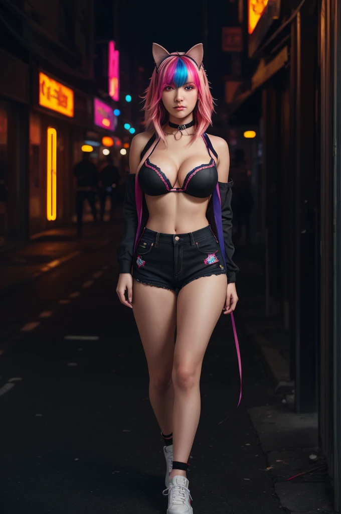 4k,CG Digital rendering,wallpaper,illustration,absurdres,Ultra HD,incredibly absurdres,masterpiece,amazing,finely detail,original,beautiful-detailed eyes,tyndall effect,dynamic angle,cyberpunk city,night,

(1girl:1.5),(solo),((streetwear)),toon,medium breasts,nsfw,shorts,((Sexual suggestion)),(standing),leaning forward,earrings,cat_ears,ribbon choker,(cleavage),((colorful streaked hair)),((( gradient hair))),

neon light,, ((painting, canvas, fine art)), detailedHDR, portrait, 50mm, F/2.8, 1m away，