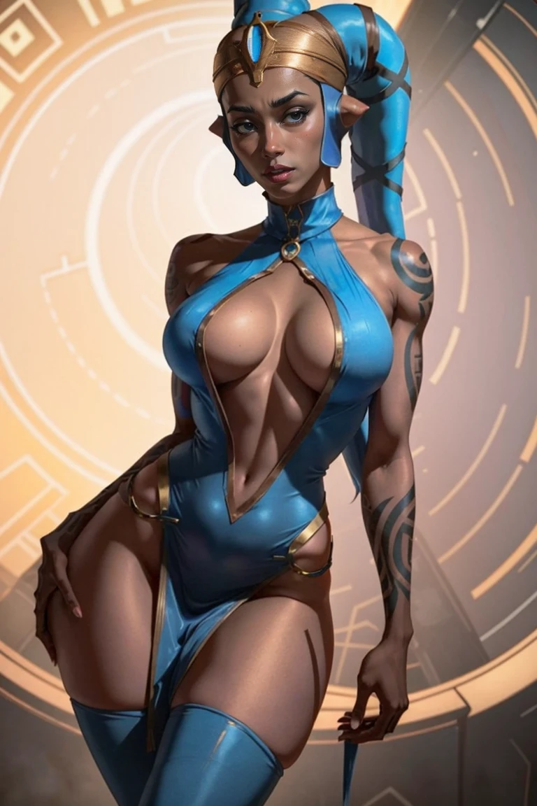 Tall Blue Skin Twi'lek with (gigantic breasts) wearing a tight short gold minidress, short dress, miniskirt, high neck, sleeveless, (keyhole cleavage), tattoos, huge breasts, cleavage, tall, graceful, (tall, long legs), athletic, slim hips, small waist, full-body shot