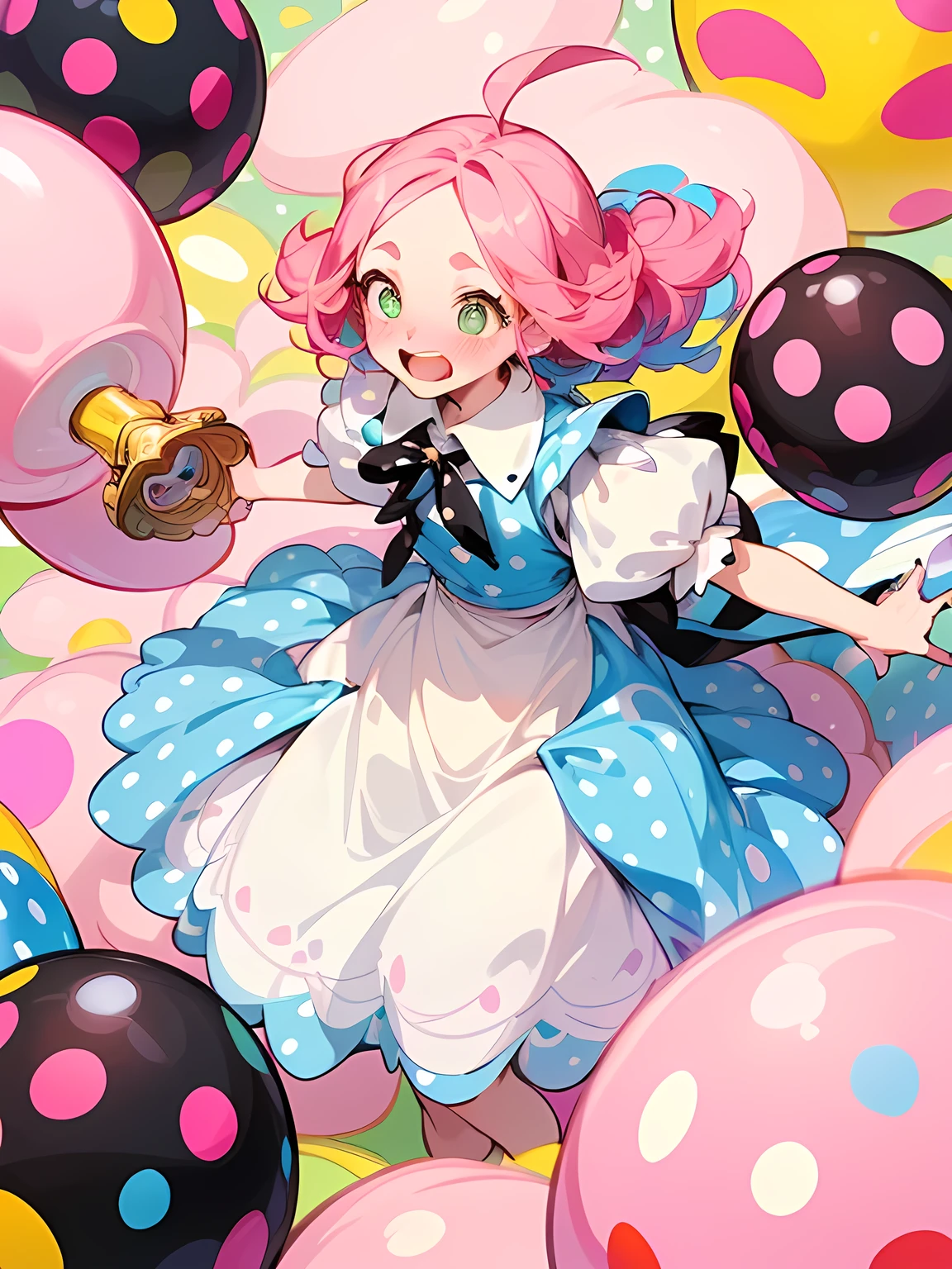 (Alice in Wonderland:1.3),(straight pink perm hair),big forehead,(A vibrant and lively background:1.2),(Pop and cute black polka dot pattern:1.45)),((You are the main character！:1.2)),((Beautiful images:1.15)),((high quality:1.15)),((Perfect graphics:1.15)),(((girl、Lady))),Big smile,(blush、Embarrassed laugh:1.25),(white、pink、cream、black、yellow)