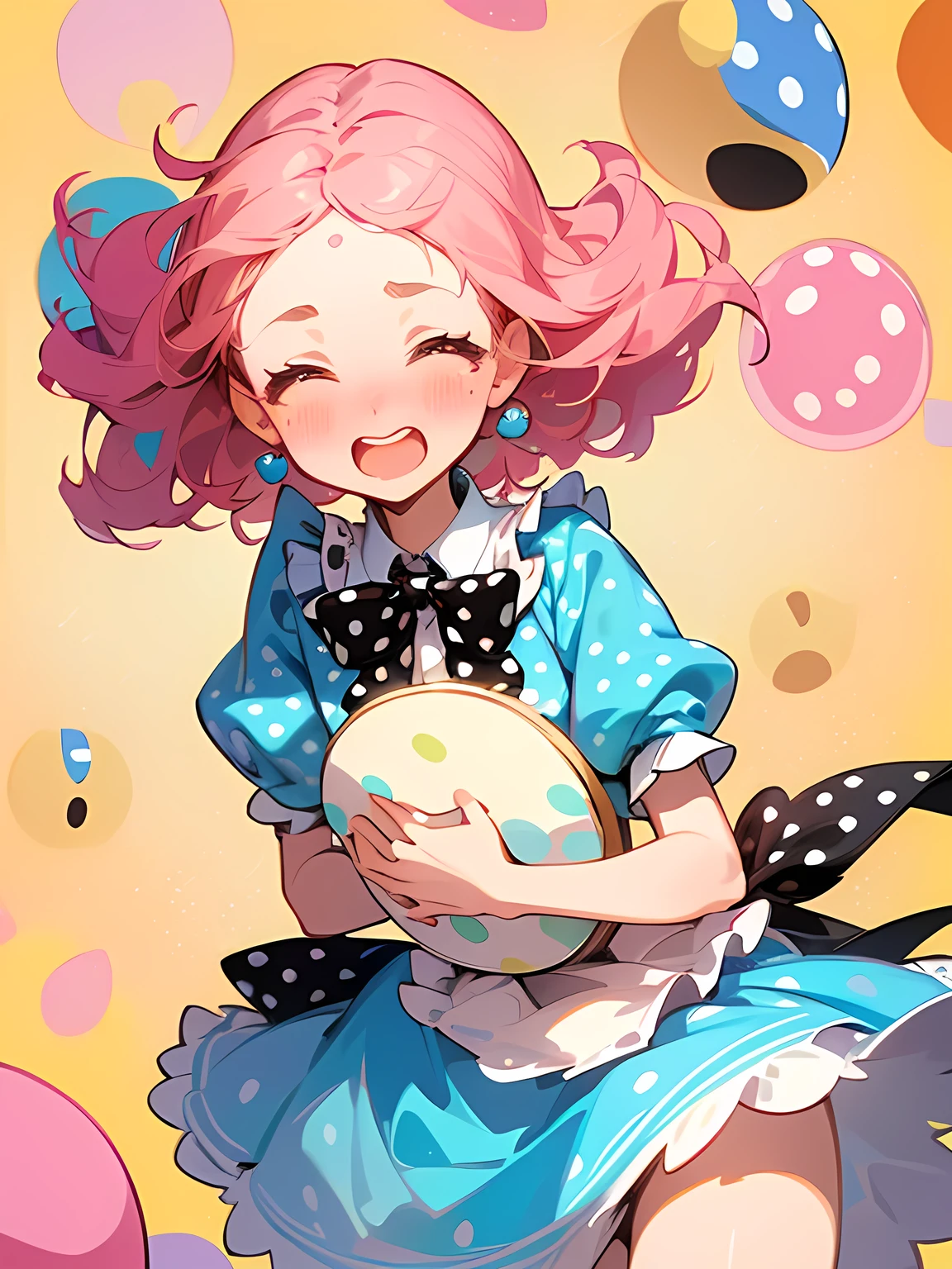 (Alice in Wonderland:1.3),(straight pink perm hair),big forehead,(A vibrant and lively background:1.2),(Pop and cute black polka dot pattern:1.45)),((You are the main character!:1.2)),((Beautiful images:1.15)),((high quality:1.15)),((Perfect graphics:1.15)),(((girl、Lady))),Big smile,(blush、Embarrassed laugh:1.25),(white、pink、cream、black、yellow)