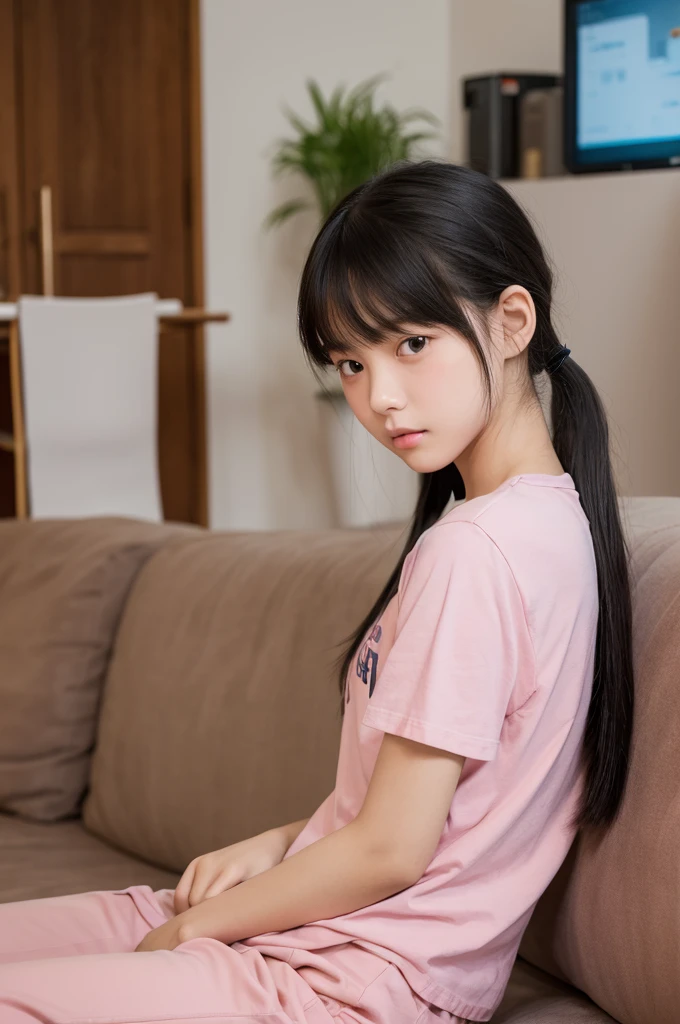 16 years old,high school student,Pink T-shirt,Culottes,Black Hair,bangs,ponytail,Straight hair,Dark Eyes,thin足,slender,Small face,Young Face,Clean your eyes,Small Mouth,thin,Young Face,Small breasts,Small breasts,Small breasts,Small breasts,Realistic photos,4K,Mouth slightly open,Ultra HD,whole body,Pure girl,whole body,,Embarrassed,8 heads,Low - Angle,living room,On the sofa,