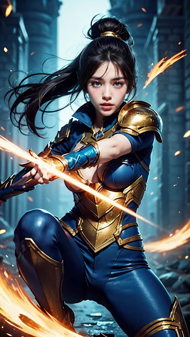 Design a scene featuring Kalista from League of Legends in her Championship skin, with gleaming gold and blue armor that signifies her triumph in the battlefield. Depict her using her Martial Poise passive, gracefully leaping and darting around her enemies with every basic attack.