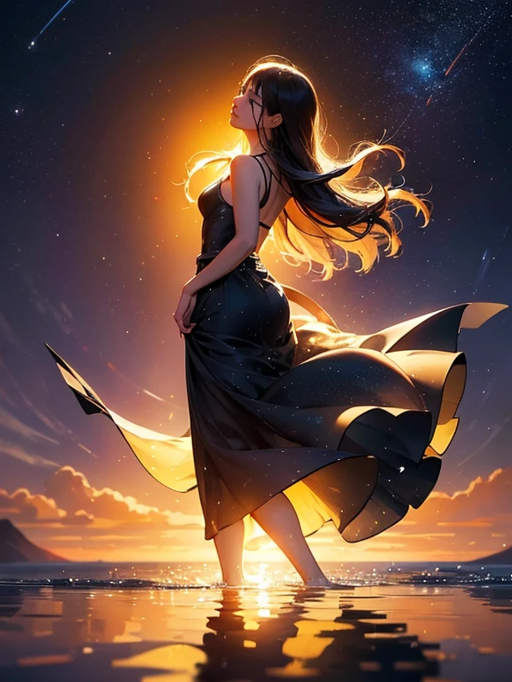 shadow art, fusion art, silhouette art, masterpiece, woman’s shadow reflected on transparent and translucent curtains, transparent high school girl, evening sunset, ((Water droplets floating in the sky)), bright starry sky, light leaks, Sunset reflected on the water, ultra-fine glass reflection, reflected in water surface a starry sky, transparent Woman silhouette standing on water surface, scene of a sunset with stars and planets,