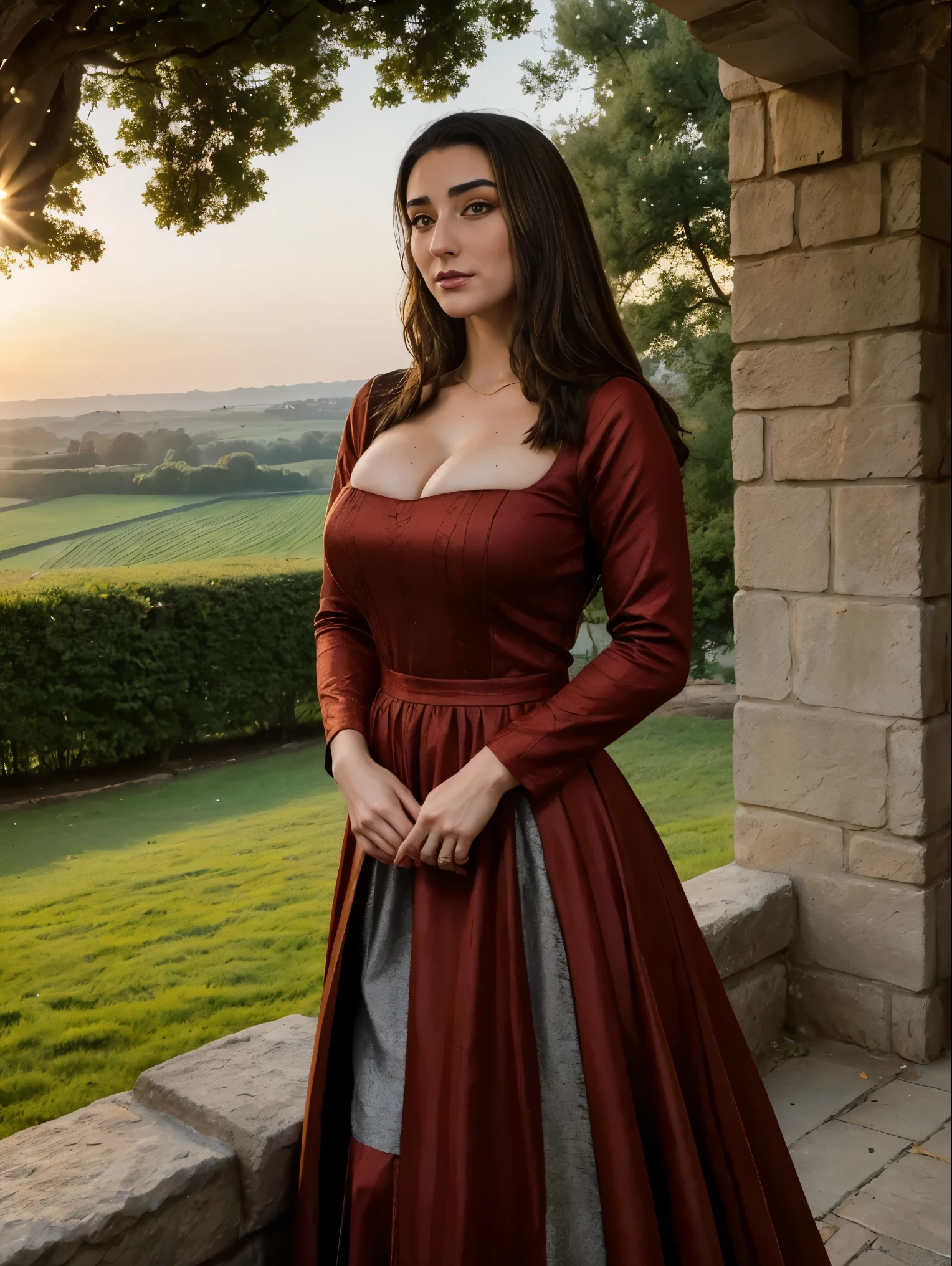 Beautiful and regal, imperious and aloof, busty athletic (thin) brunette queen with sharp facial features wearing a modest updo, dark red medieval dress, long sleeves, intricate patterns, embroidery, wide neck, crown, veil, long dress, modest dress, tight bodice, silver (waist chain), medieval jewelry, Middle Ages, castle, rampart, wall, exterior, on top of a castle wall, trees, countryside, evening, sunset.