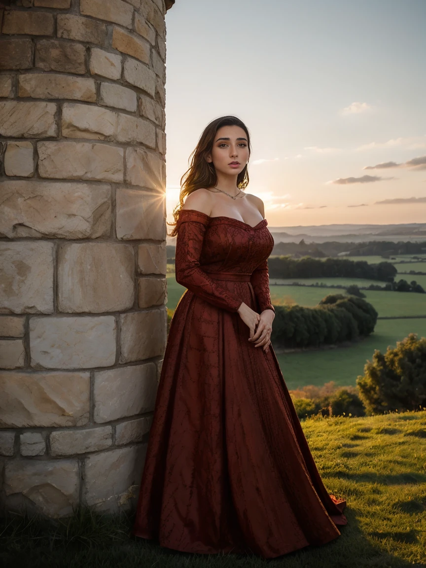 Gorgeous and sultry busty athletic (thin) brunette queen with sharp facial features wearing a modest updo, dark red medieval dress, long sleeves, intricate patterns, scrollwork, wide neck, crown, veil, long dress, modest dress, tight bodice, silver belt, (waist chain), medieval jewelry, Middle Ages, castle, rampart, wall, exterior, on top of a castle wall, trees, countryside, evening, sunset.