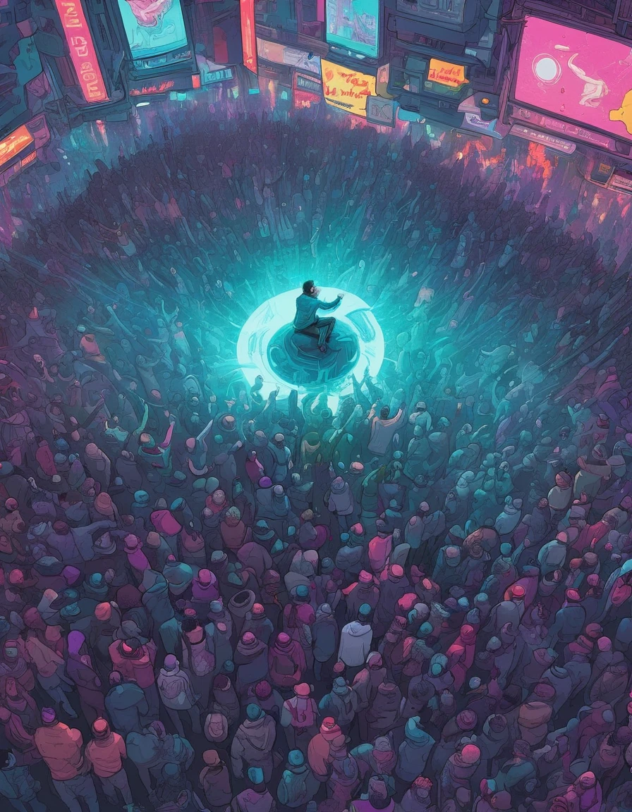 "Crea una pintura digital en estilo candberpunk de una gran multitud vista desde arriba., with a man in the spotlight, levitating from the middle of the crowd, and glowing brightland, Presenting (((intricate details))), (((Best Quality))), (((Extremely detailed quality))), and (((complex composition)))." | Related artists: Beeple, Josan Gonzalez, Paul Chadison