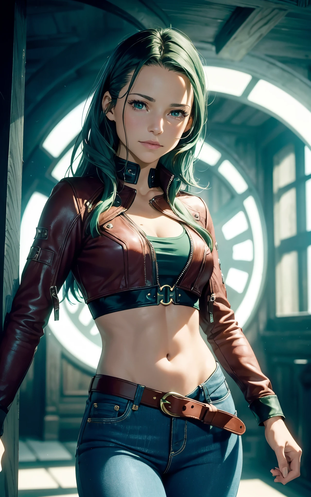 (Alicia Vikander:Evangeline Lilly), green light, glowing eyes, pov below, wind,, masterpiece, best quality, 1girl, cool, serious, medium breasts, long hair, blue hair, red leather jacket, crop top, tight jeans, green eyes, abs
