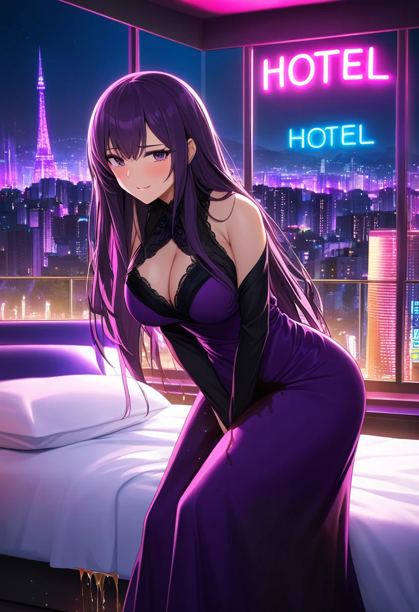 woman, very dark purple hair, purple eyes, long hair, large breasts, very long dress, very tight dress, standing, (wetting herself:1.5), best quality, ultra-detailed, HDR, studio lighting, professional, vivid colors, sharp focus, bokeh, landscape, love hotel, bed, night, window, cityscape, colorful city, neon lights, futuristic, science fiction, soft lighting, dynamic shadows, embarrassed, humiliation, blushing, naughty face, seductive expression, facing viewer