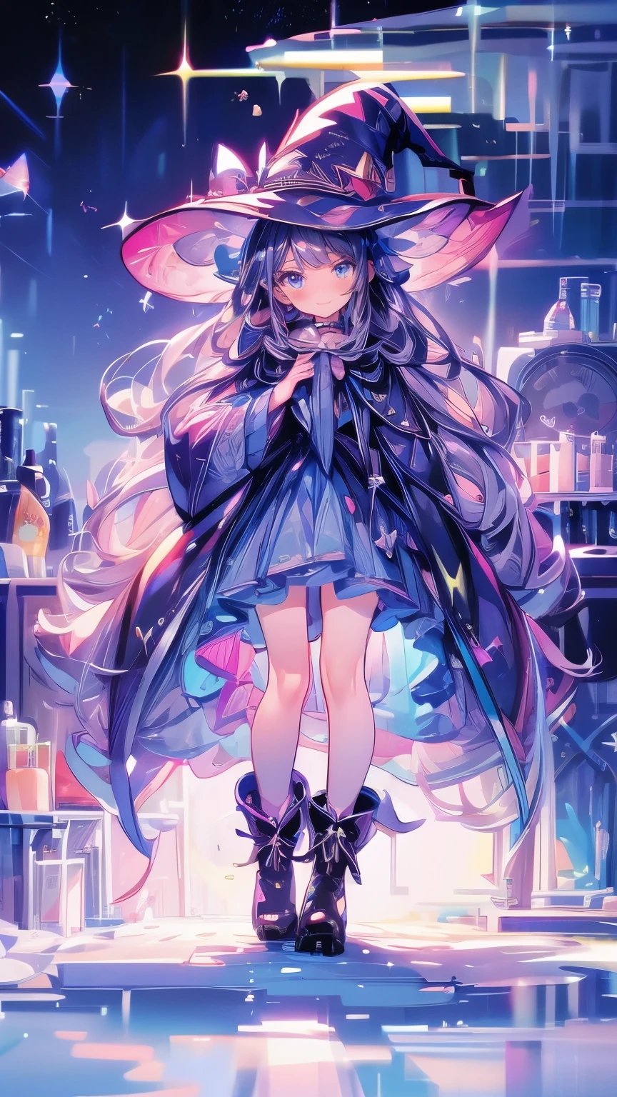 ((magic使いの女の子)), Full body photography，Perfect face, Pretty Face, The face is rich in detail，(Long hair:1.3)，(Witch Hat:1.3)，boots，The witch's broom，book of magic，Night Sky，たくさんのStar，shine，Smile，Light，magic，月Light，Starの粒，Star々，月Light，流れStar、Black Cat