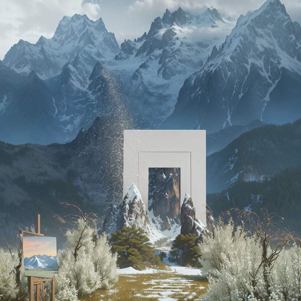 There is a white frame,A mountain in the background, 美丽的风景Rendering, highly detailed surreal vfx, 每日Rendering, 8k 景观Rendering, Rendering, The award-winning. 辛烷值Rendering, 3DRendering和哑光, Beautiful fairy tale, Excellent composition, Beautiful composition 3-D 4K