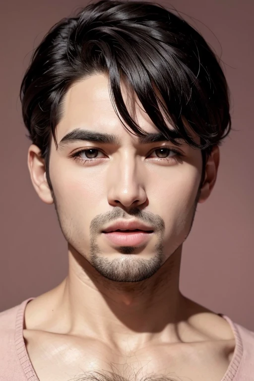 Face of a man with short black hair with a very beautiful pink mouth. The man's hair is just black. The man's eyes are turquoise blue. The man's mouth is a natural pink color. The image highlights the mouth
