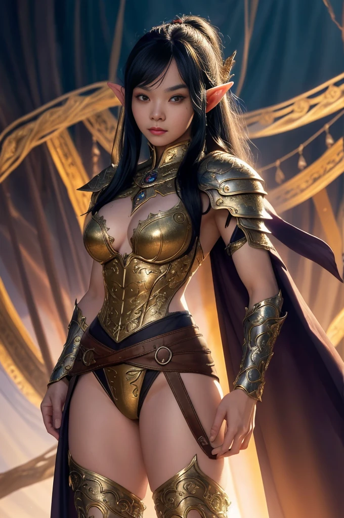 (young girl) is a beautiful ethereal female elf knight, raven-black hair, in the style of Boris Vallejo, high detail sexy filigree armor, high detail face, high detail skin, strong body, muscle definition, (perfect proportions), (big breasts),(full body),Heavy Metal aesthetic, high fantasy background, high quality, masterpiece, realistic photo, intricately detailed, 8k, HDR, shallow depth of field, wide light, high contrast, backlight, light flares, sharp focus, RAW color photo, looking at the camera, vivid colors