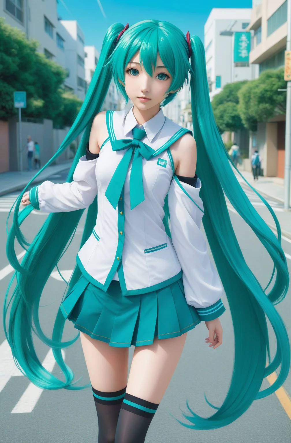 Anime Girls with long green hair walking down the street, mikudayo, Anime Girls with Turquoise Hair, Anime Moe Art Style, portrait of hatsune miku, Cute girl anime visuals, Teal Uniform, 若いAnime Girls, Official Art, Official Artwork, Official character art, hatsune miku, hatsune miku portrait, miku, wearing blue-green clothes, Anime Girls