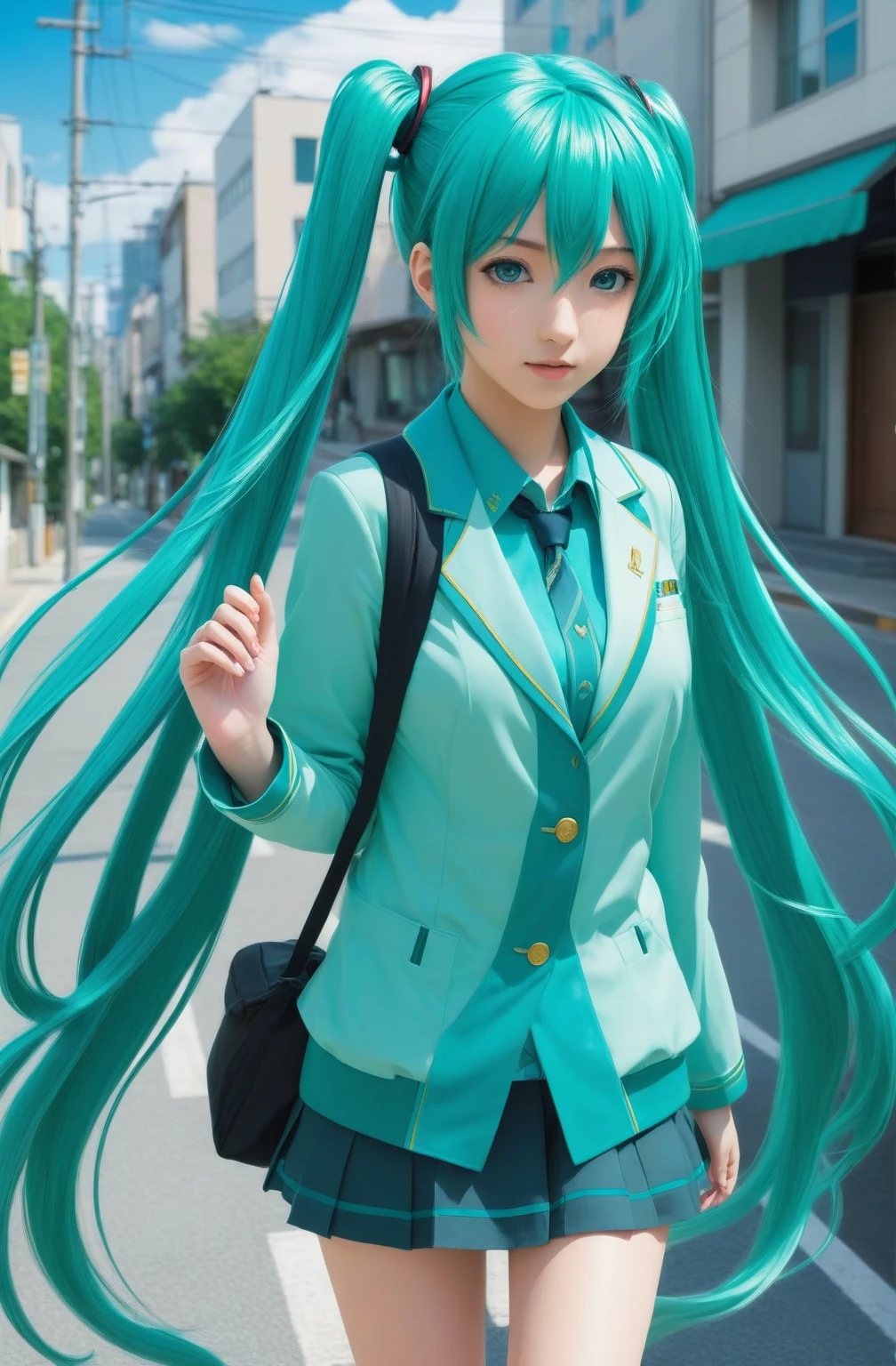Anime Girls with long green hair walking down the street, mikudayo, Anime Girls with Turquoise Hair, Anime Moe Art Style, portrait of hatsune miku, Cute girl anime visuals, Teal Uniform, 若いAnime Girls, Official Art, Official Artwork, Official character art, hatsune miku, hatsune miku portrait, miku, wearing blue-green clothes, Anime Girls