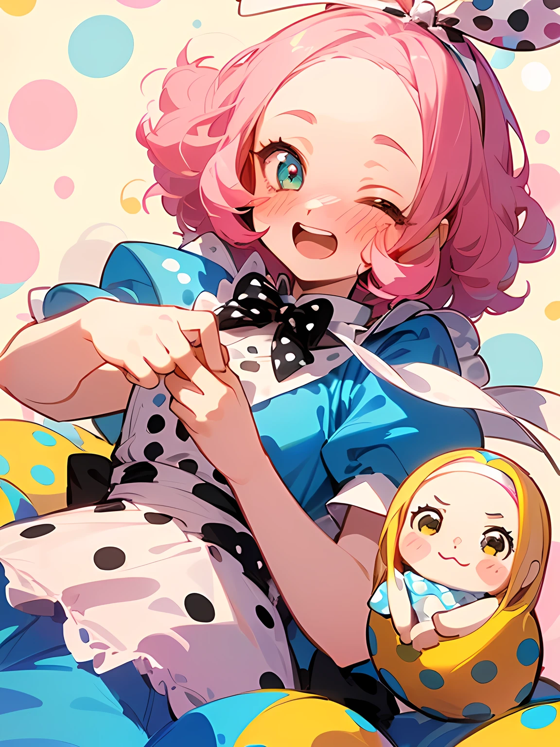 (Alice in Wonderland:1.3),(straight pink perm hair),big forehead,(A vibrant and lively background:1.2),(Pop and cute black polka dot pattern:1.45)),((You are the main character！:1.2)),((Beautiful images:1.15)),((high quality:1.15)),((Perfect graphics:1.15)),(((girl、Lady))),Big smile,(blush、Embarrassed laugh:1.25),(white、pink、cream、black、yellow)