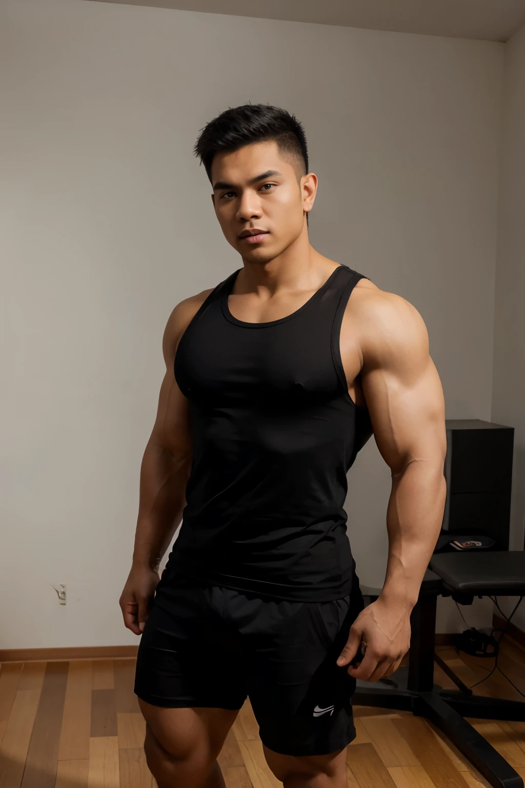 melayu bodybuilder man wearing black muscle tank top, full body, body in 45 degree angle to the left from camera, soft studio lighting, plain background