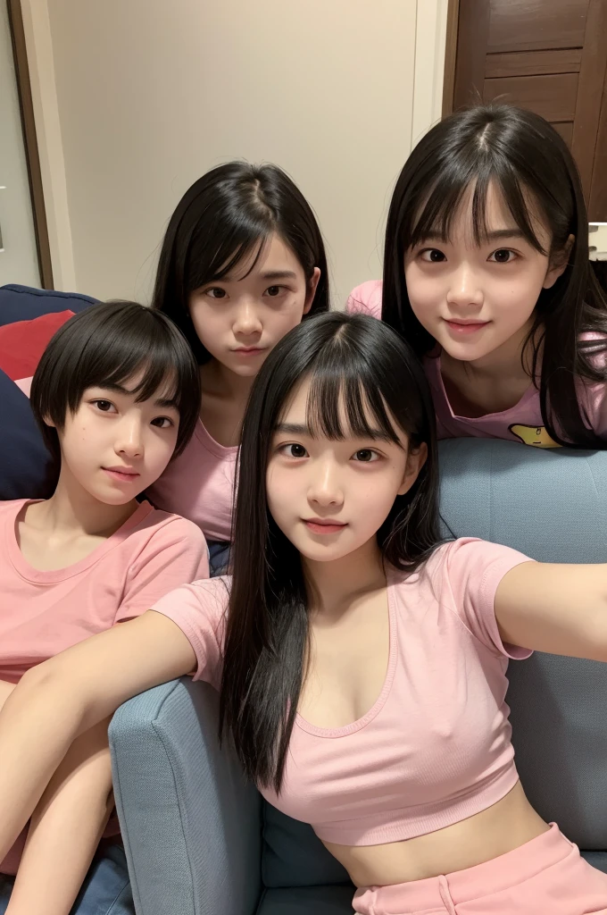 ,high school studek T-shirt,Culottes,Black Hair,bangs,ponytail,Straight hair,Dark Eyes,thin足,slender,Small face,Young Face,Clean your eyes,Small Mouth,thin,Young Face,Small breasts,Small breasts,Small breasts,Small breasts,Realistic photos,4K,Mouth slightly open,Ultra HD,whole body,Pure girl,whole body,,Smile,8 heads,Low - Angle,living room,On the sofa,
