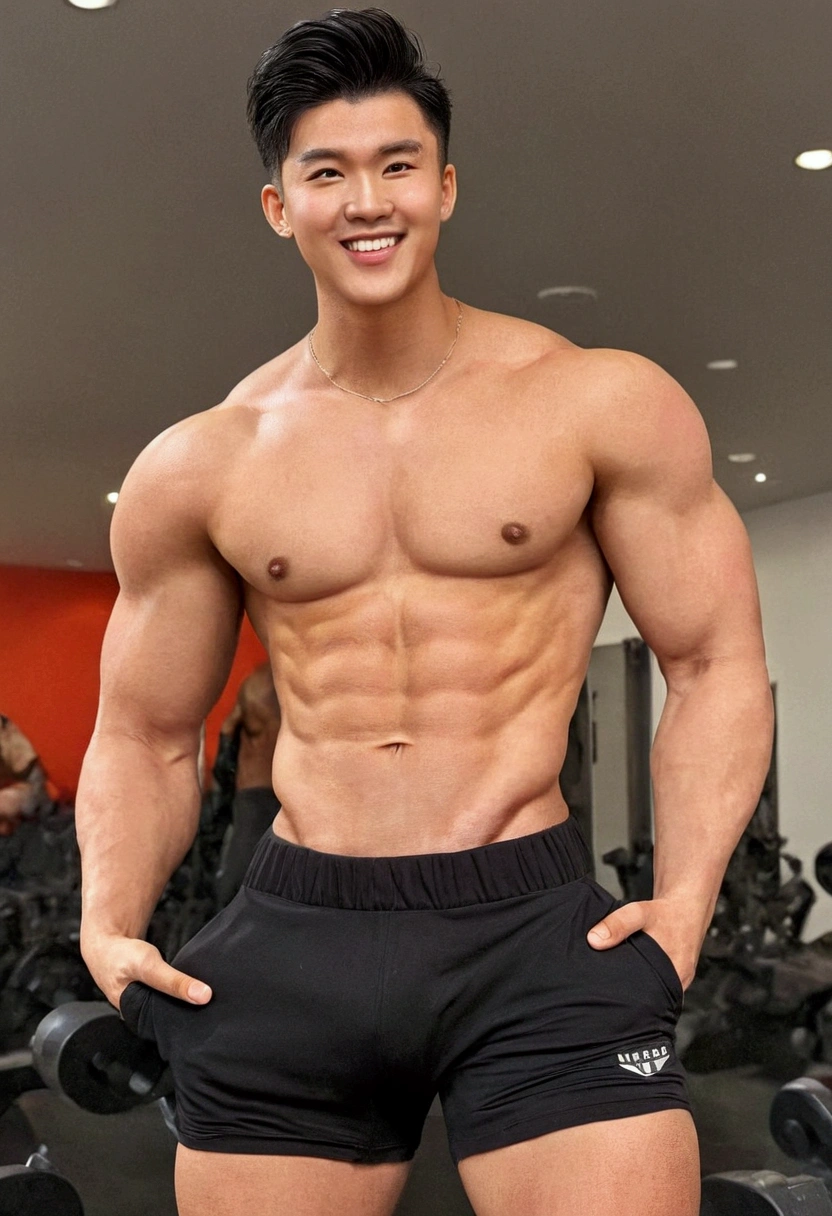 Shirtless man showing off defined abs and toned body, wearing clean black training pants that hit just below his belly button, suggests working out while smiling in gym with bright background.., The hairstyle is neat and masculine..., No hair below the belly button, A dick big enough to make your pants bulge, full body photo, Thick thighs, Korean idol appearance, Man masturbating
