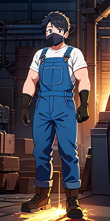 Full body, beautiful eyes , 1 boy , full body , cute boy , anime style , cute eyes , (standing up) ,boy, (Metalworkers are dressed in heavy-duty overalls and protective gear, including welding masks and gloves. They often have soot-stained clothes and muscular builds, reflecting their hard work in the forges and factories of Ironforge City..)