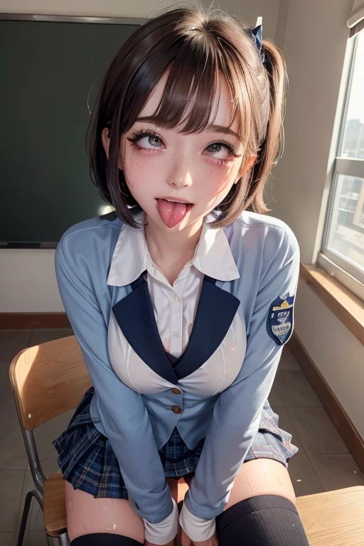 high quality, detailed,girl,(very wet uniform, blazer uniform),a mole under the eye,(bob hair,bob hair),plaid skirt,(tounge out),(blushing:1.3),smile,orgasm,ecstasy,smaller breasts,in the classroom,get down on all fours,