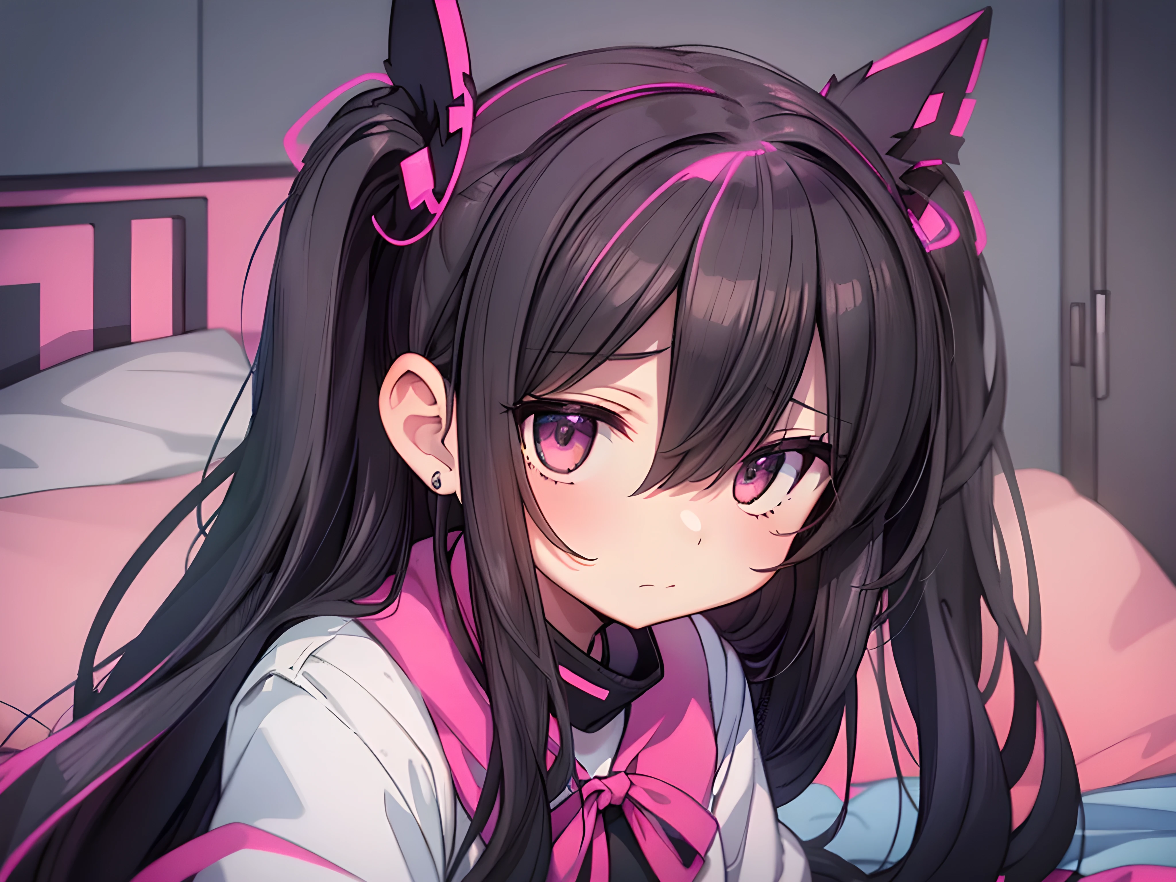 1 girl, black twin tail, pink frill shirt, black ribbon, jirai kei, her eyes were blinded black mouth mask:1.5, break, fellatio:1.6, pov, upper body, background(love hotel bed room), hyper detail, 8k cg wallpaper,