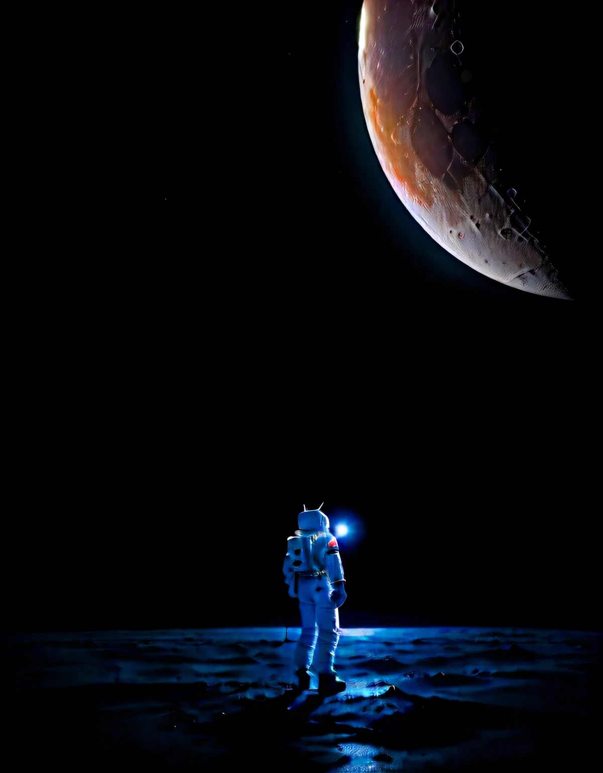 cartoonish moon, a cartoonish astronaut standing on the surface, blurry dark universe, few stars in the background, view from a far distance, realistic drawing, art work, masterpiece