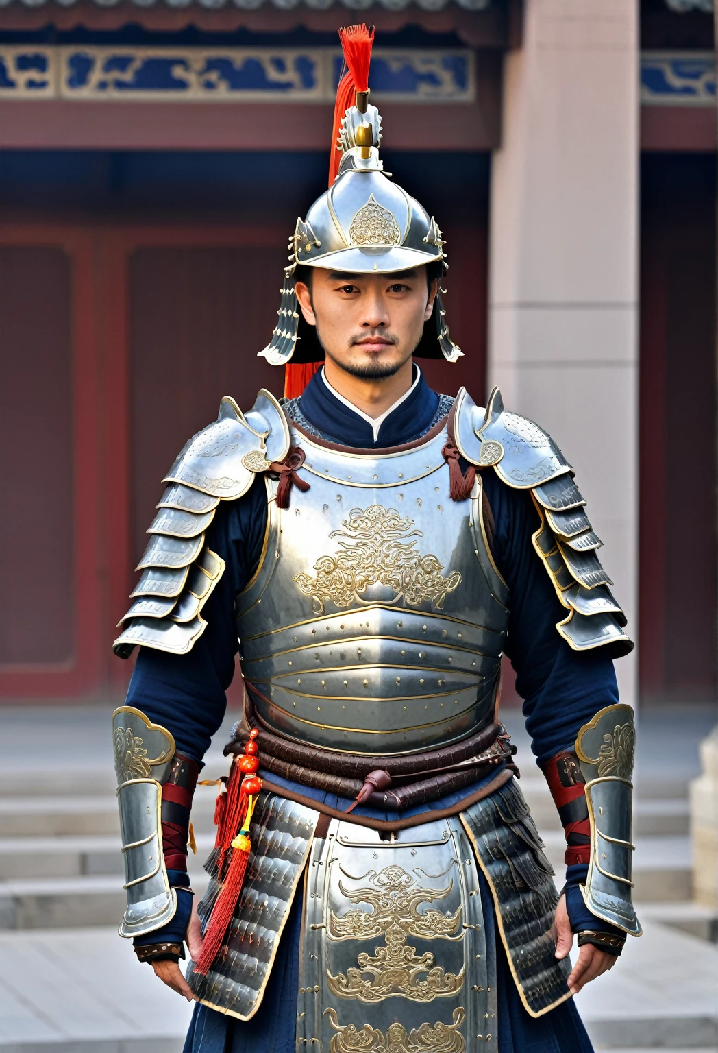 arafed man in armor standing on the street in front of a building, wearing ancient armor, chinese armor, wearing tribal armor, wearing ornate armor, wearing bullet-riddled armor, wearing heavy armor, wearing intricate steel armor, chinese warrior, full traditional chinese armor, inspired by Fan Kuan, wearing battle armor, wearing full armour