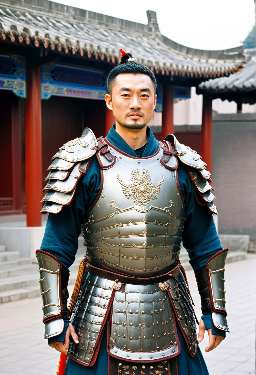 arafed man in armor standing on the street in front of a building, wearing ancient armor, chinese armor, wearing tribal armor, wearing ornate armor, wearing bullet-riddled armor, wearing heavy armor, wearing intricate steel armor, chinese warrior, full traditional chinese armor, inspired by Fan Kuan, wearing battle armor, wearing full armour