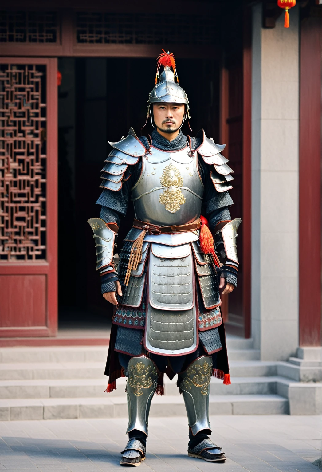 arafed man in armor standing on the street in front of a building, wearing ancient armor, chinese armor, wearing tribal armor, wearing ornate armor, wearing bullet-riddled armor, wearing heavy armor, wearing intricate steel armor, chinese warrior, full traditional chinese armor, inspired by Fan Kuan, wearing battle armor, wearing full armour