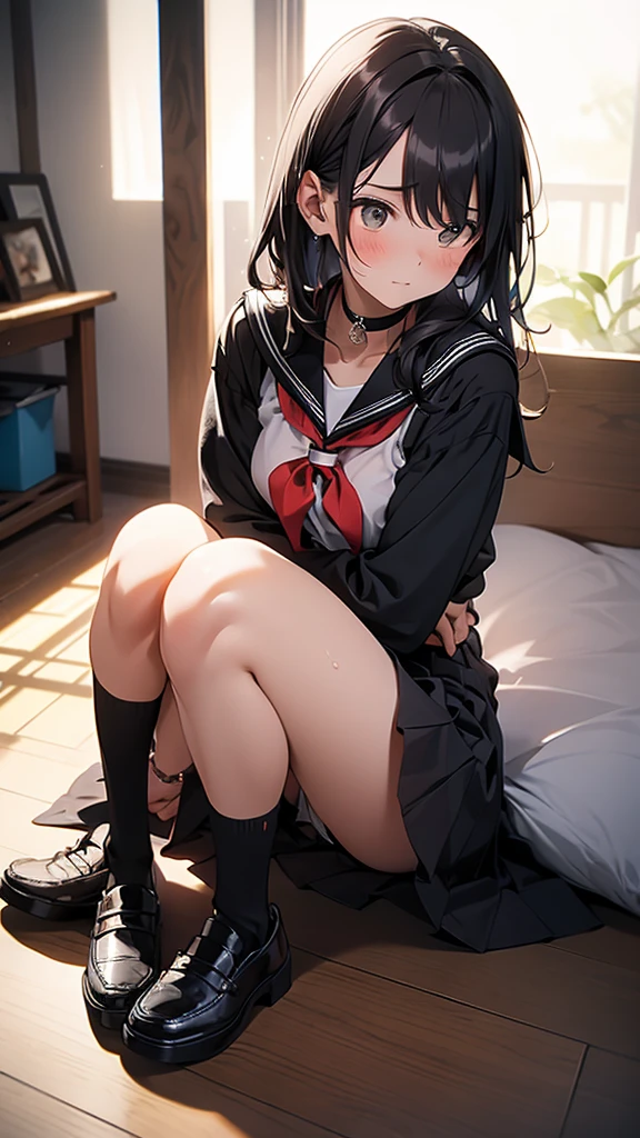 {{masterpiece}}, {{{Highest quality}}},{{Very detailed}},1girl,30years old,{Mature Woman}},{{Black long sleeve sailor suit:1.4}}full body,furrow one's brow ,{{one eye closed}},from side,{{all fours}},{{On all fours}Cowboy Shot,from side,{{Small breasts}},{{Female Fighter}},,Black knee-length pleated skirt clavicle Bare skin décolleté Knee-high socks Red Sailor Collar、Red fingerless gloves ,Bad mood,blush、Sweat loafers Sukeban Fighter choker Black Hair Alley